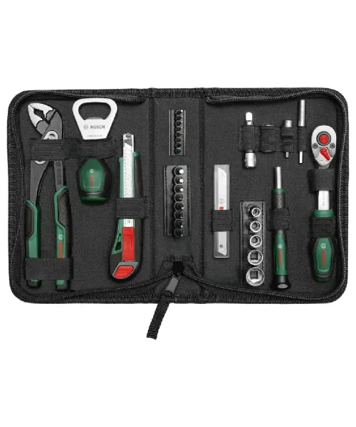 Bosch alatni set s raznim alatima u crnoj torbi, uključujući odvijače, kliješta i dodatke.
