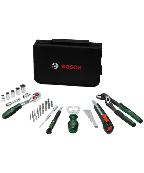 Set alata Bosch s torbicom i raznim alatima za popravke i održavanje.