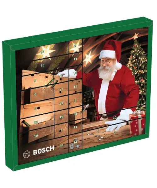 BOSCH adventski kalendar s alatom, 44-dijelni, s prikazom Djeda Mraza i božićnog drvca.