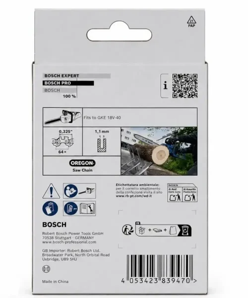 Bosch PRO zamjenski lanac za motornu pilu, 40 cm, 1,1 mm, 0,325", prikazan u pakiranju s QR kodom.