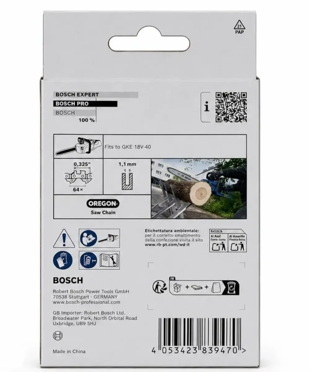 Bosch PRO zamjenski lanac za motornu pilu, 40 cm, 1,1 mm, 0,325", prikazan u pakiranju s QR kodom.