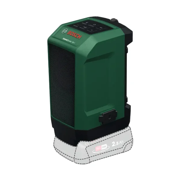 Bosch aku Bluetooth zvučnik UniversalSpeaker 18V-1 na punjaču s baterijom od 2.5 Ah.