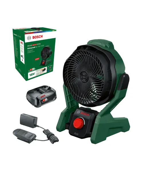 Bosch UniversalFan 18V-1000 aku ventilator s crvenim gumbom, baterijom i punjačem.