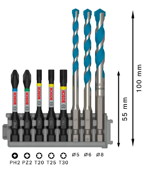 BOSCH PRO 8-dijelni set impact bitova i svrdala Pick & Click HEX-9 Multi Construction