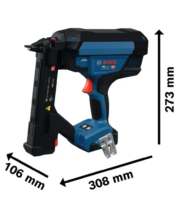 Bosch aku klamerica PRO GTH18V-38-2M s dimenzijama 308x106x273 mm i L-BOXX kućištem.