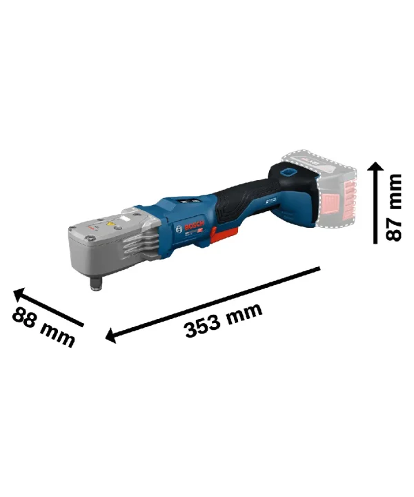 Bosch GRS18V-330 aku kutni udarni odvijač s dimenzijama 353x88x87 mm.