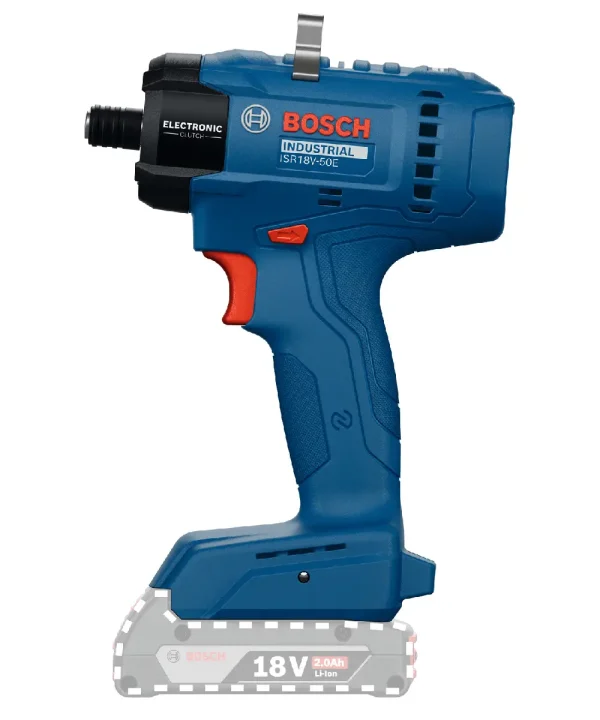 Bosch INDUSTRIAL ISR 18V-50E aku odvijač plavi s crvenim gumbom, prikazan u bočnoj perspektivi.