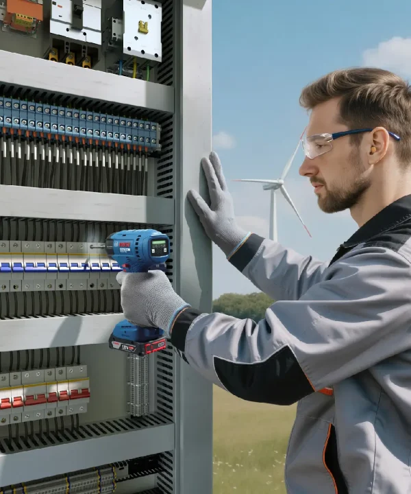 Električar s Bosch aku odvijačem radi na električnom ormariću na otvorenom.