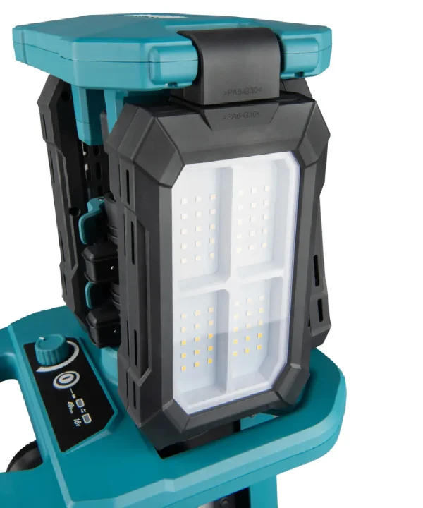 Makita ML014G aku svjetiljka na stativu s LED diodama i plastičnim kućištem.