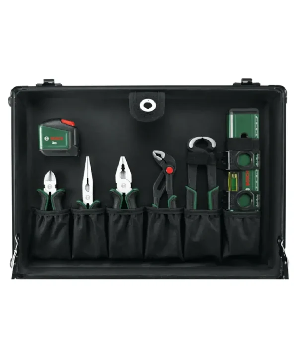 BOSCH 119-dijelni set ručnog alata u koferu na kotačima sa torbama za alate i mjernim alatima.