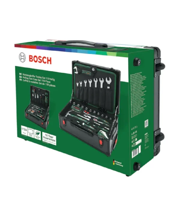 Bosch 119-dijelni set ručnog alata u koferu na kotačima s ručkom i šarkiom.