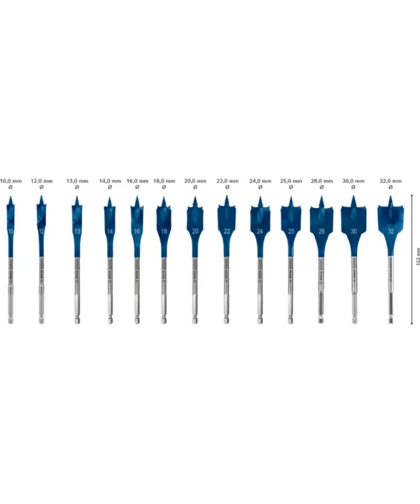 BOSCH 13-dijelni set plosnatih svrdla za drvo EXPERT Self Cut Speed 10-32 mm - komplet svrdla različitih promjera.