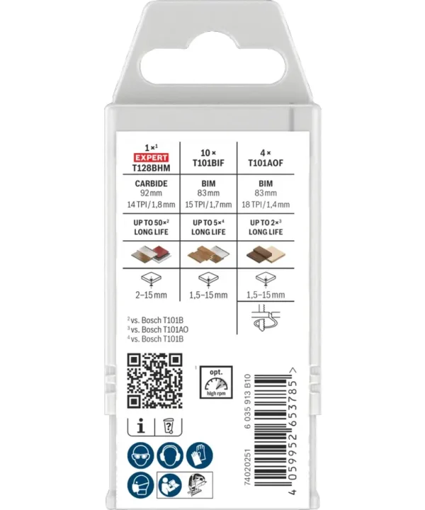 Set listova za ubodnu pilu Bosch PRO Laminate T128BHM pakiran u prozirnu kutiju.