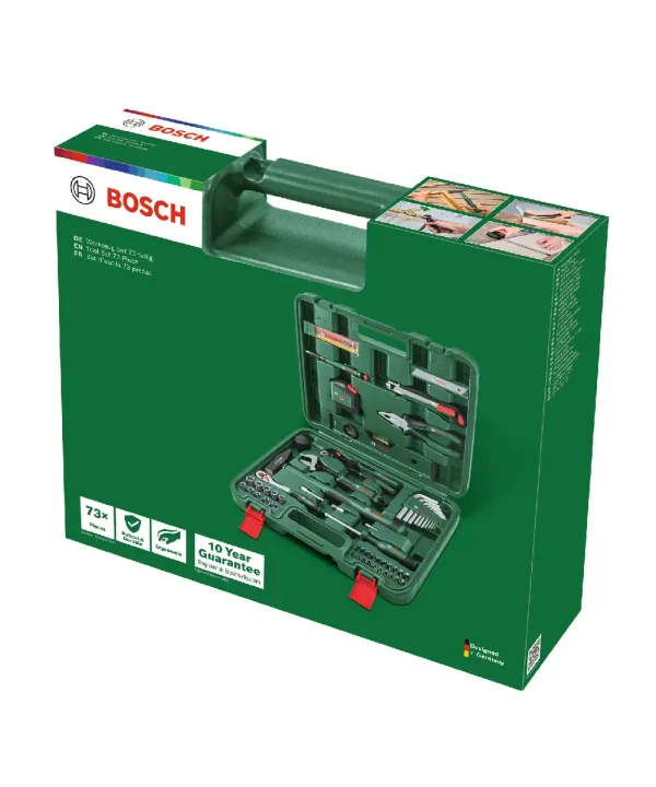 BOSCH 73-dijelni set ručnog alata u kovčegu na zelenoj kutiji.