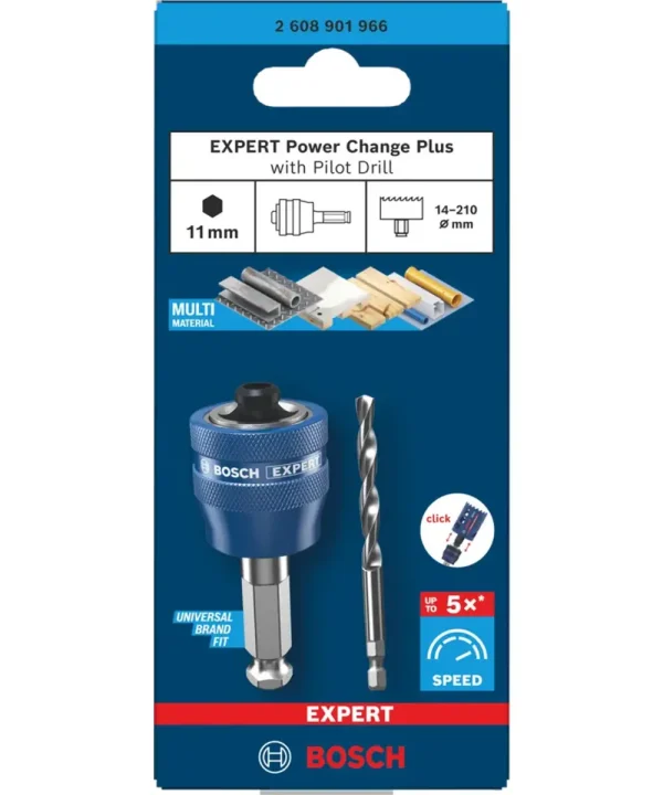 Bosch Expert Power Change Plus s pilot drillom i svrdlo za centriranje na plavi ambalaži.