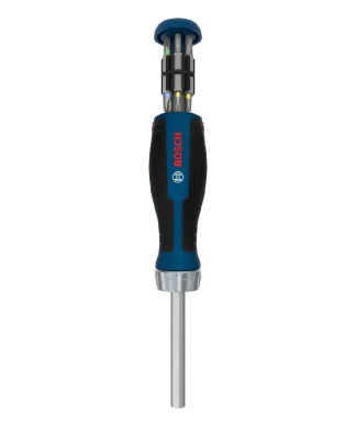 Bosch PRO ručni odvijač s plavim i crnim držajem, metalnim nastavkom i spremnikom za bitove.