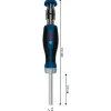 BOSCH PRO račni odvijač sa spremnikom i 12 bitova Bosch PRO ručni odvijač s plavom i crnom ručkom, metalnim nastavkom i spremnikom za bitove.