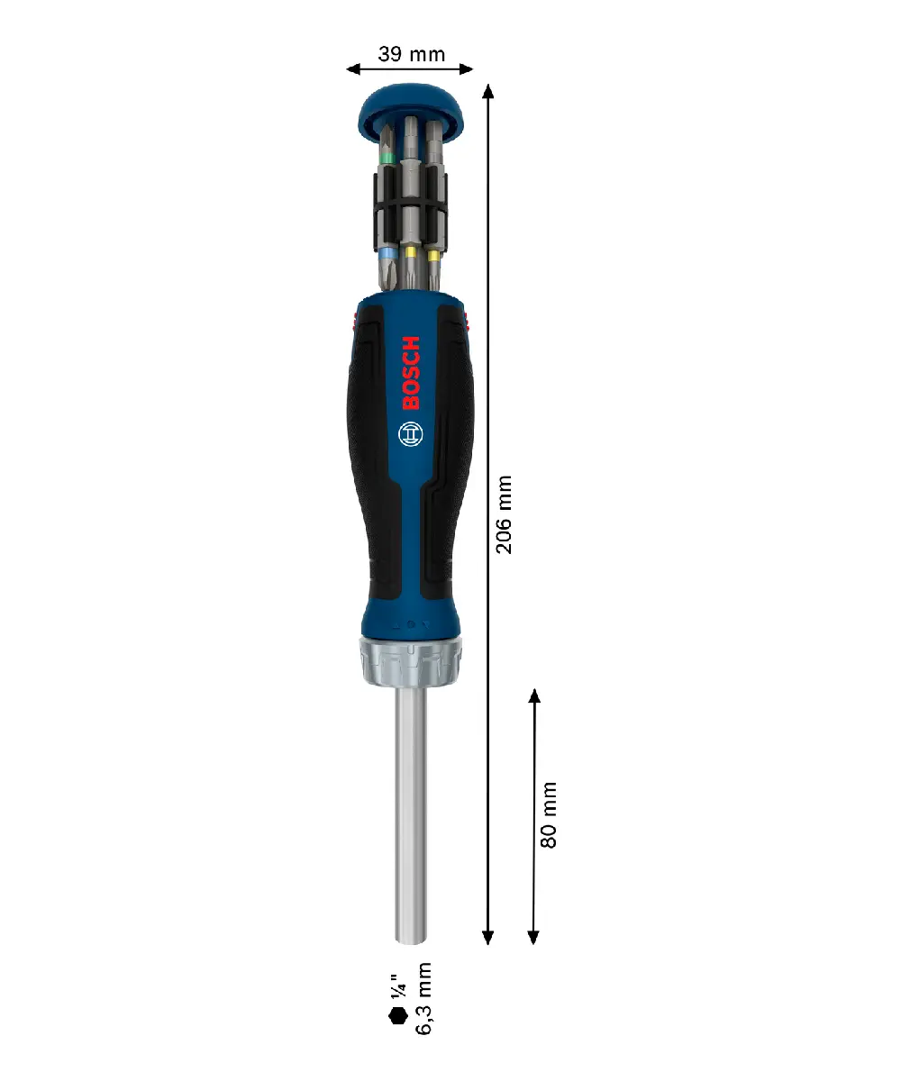 Bosch PRO ručni odvijač s plavom i crnom ručkom, metalnim nastavkom i spremnikom za bitove.