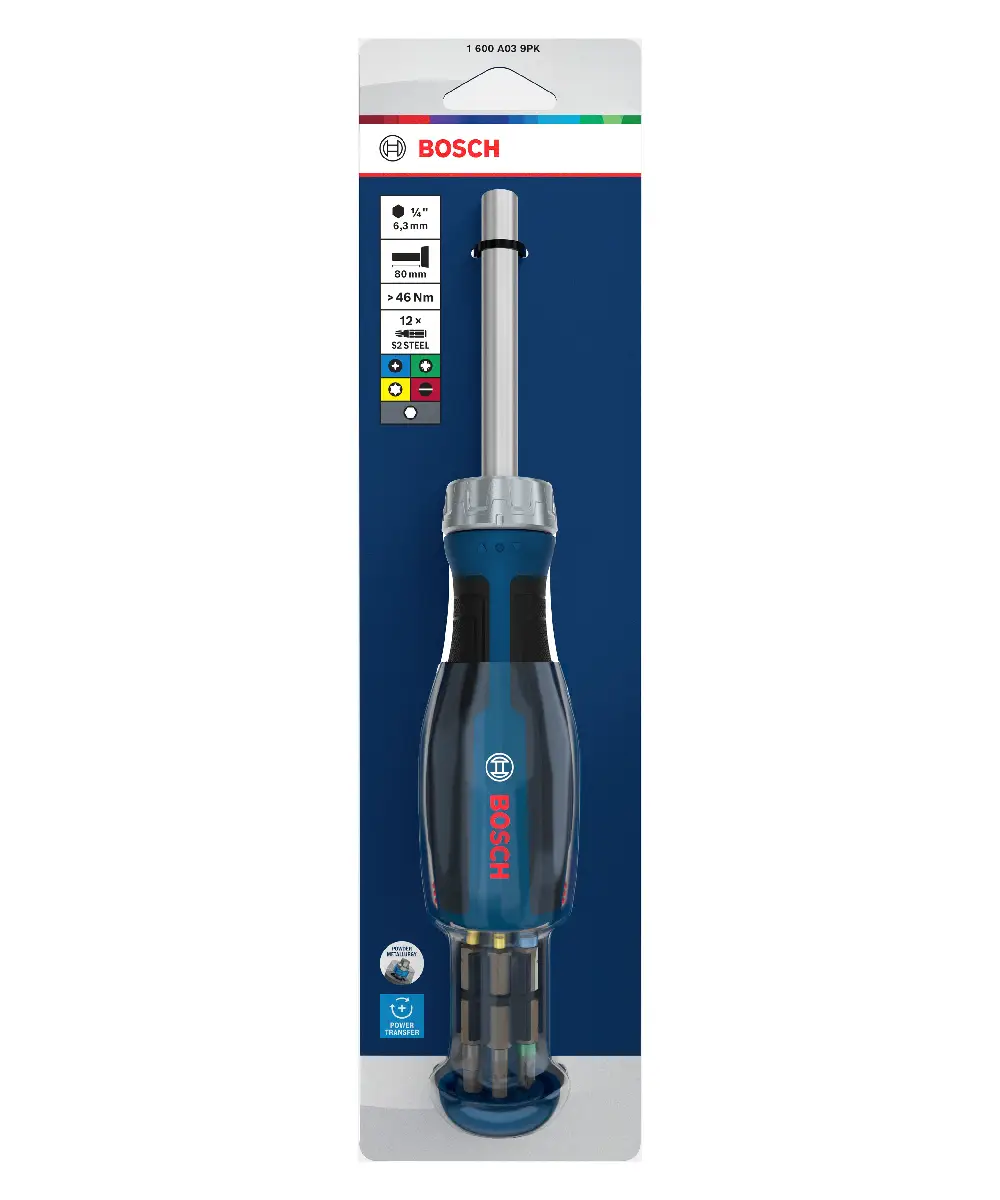 Bosch PRO električni odvijač s spremnikom i 12 bitova, prikazan u ambalaži.