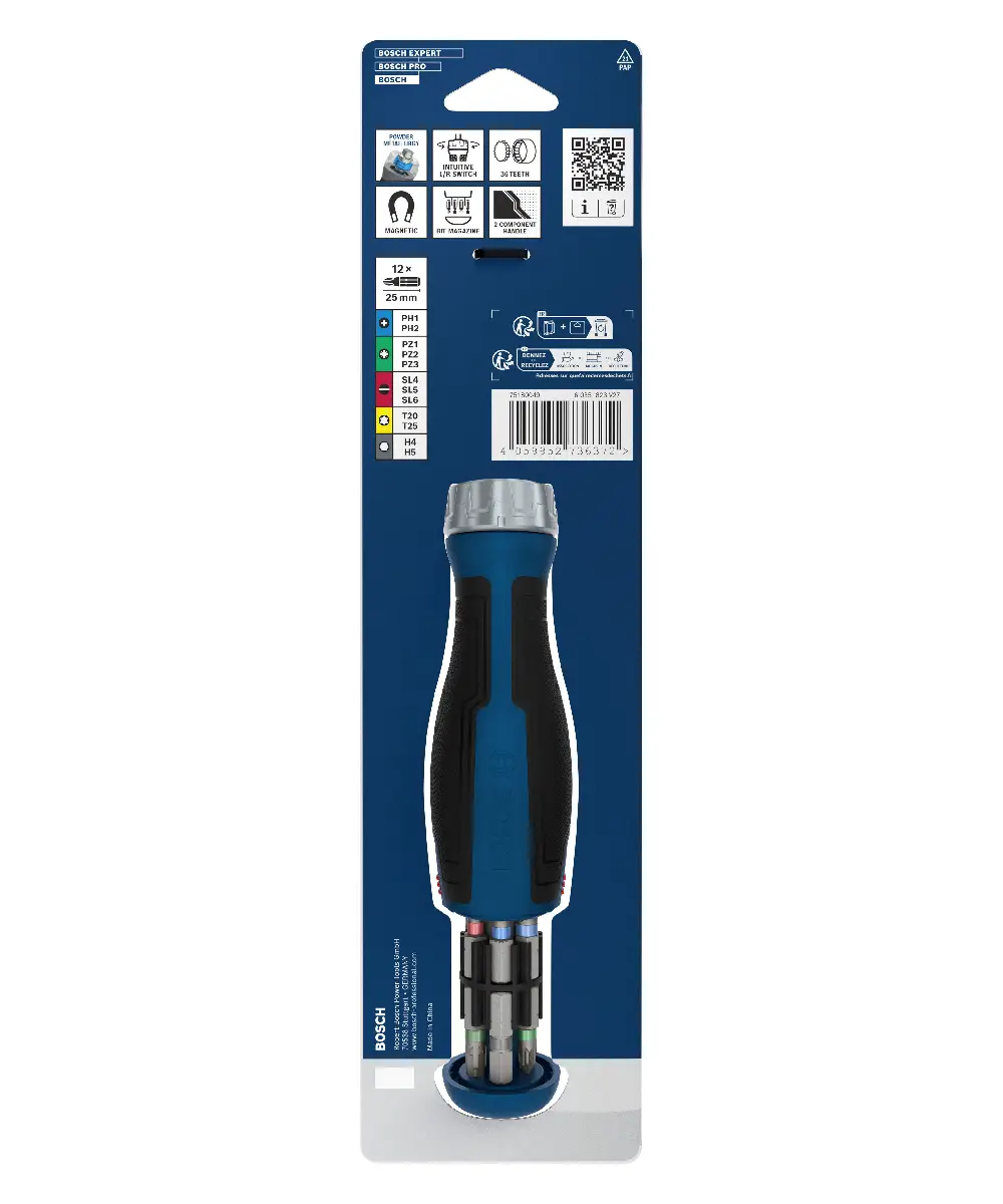 Bosch PRO ručni odvijač s plavim i crnim držajem, 12 bitova u pakiranju.