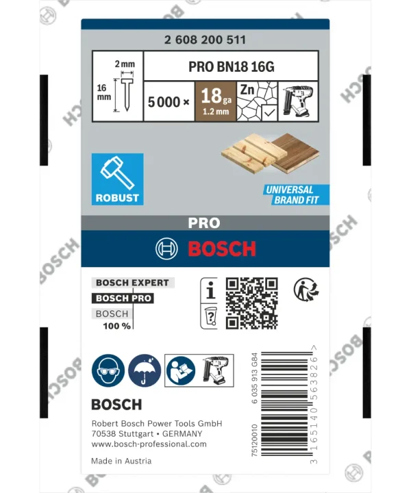 BOSCH PRO BN18 16G čavli za pištolj, 16 mm, 5000 komada, prikaz paketa s čavlima i oznakama kvalitete.
