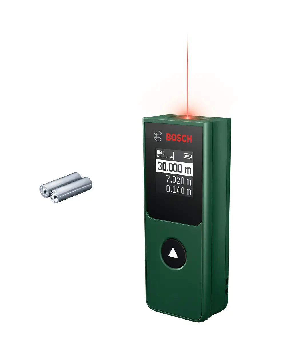 Bosch PLM30-21 digitalni laserski daljinomjer s crvenom laserskom linijom i zaslonom za prikaz udaljenosti.