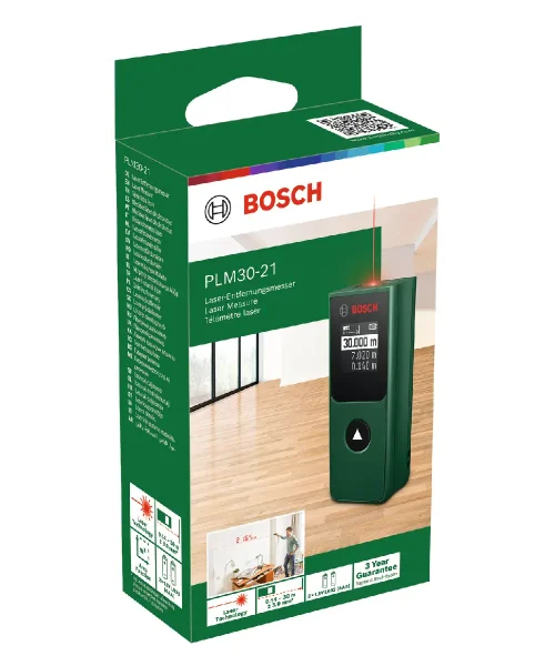 Bosch PLM30-21 digitalni laserski daljinomjer s crvenim laserskim snopom i digitalnim zaslonom.