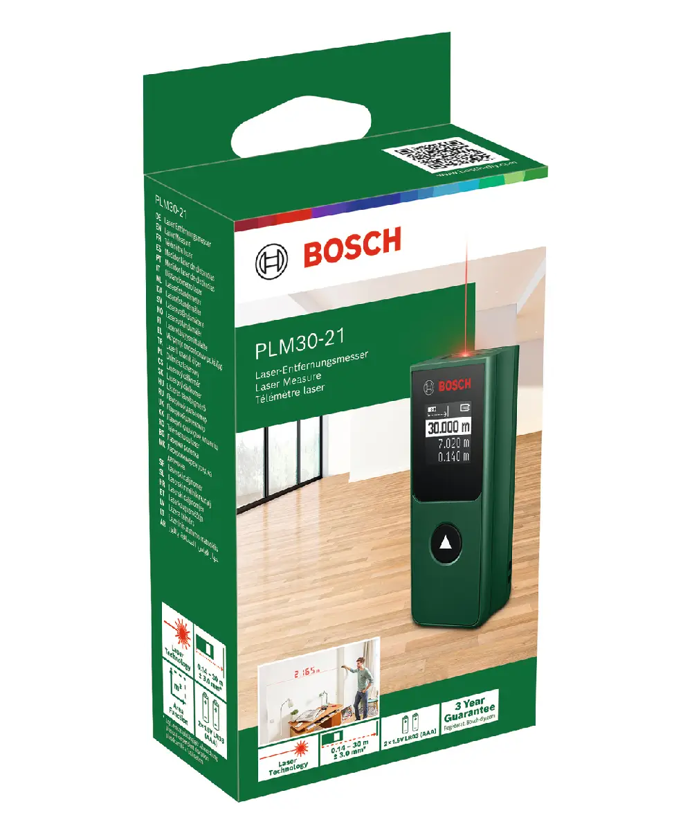 Bosch PLM30-21 digitalni laserski daljinomjer s crvenim laserskim snopom i digitalnim zaslonom.