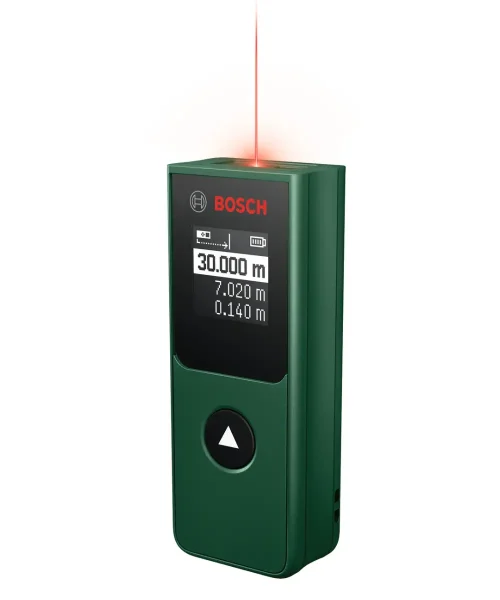 Bosch PLM30-21 digitalni laserski daljinomjer s crnim zaslonom i crvenim laserskim zrakom.