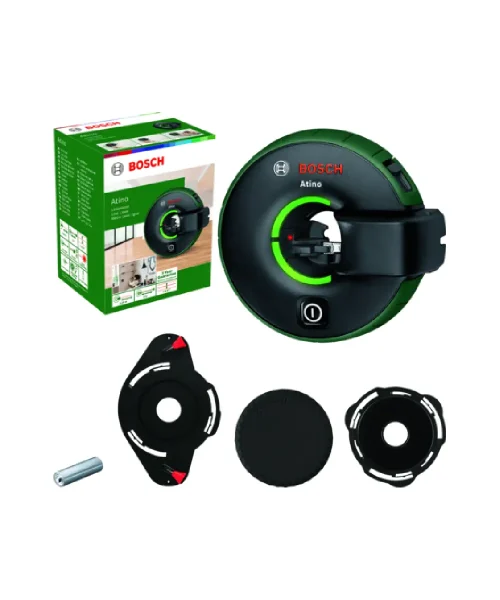 Bosch Atino 2 laserski nivelir s metrom, dodatkom i zaštitnim poklopcem, prikaz na bijeloj pozadini.