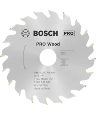 Bosch PRO cirkular za drvo s oznakama i specifikacijama.