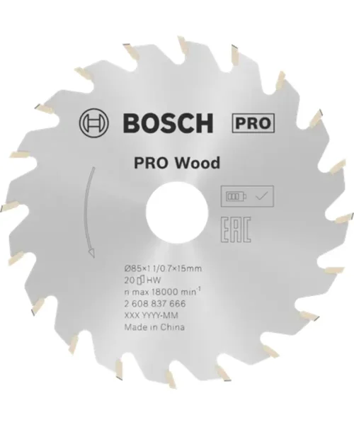 Bosch PRO cirkular za drvo s oznakama i specifikacijama.