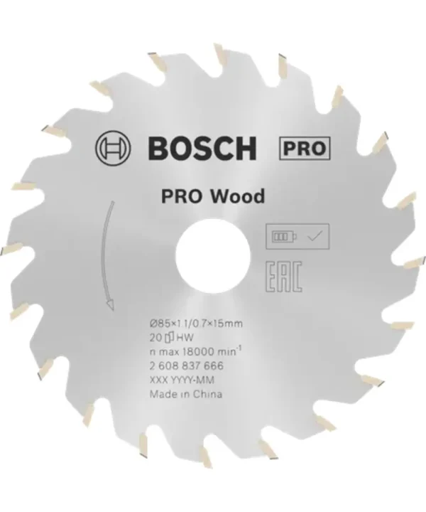 Bosch PRO cirkular za drvo s oznakama i specifikacijama.