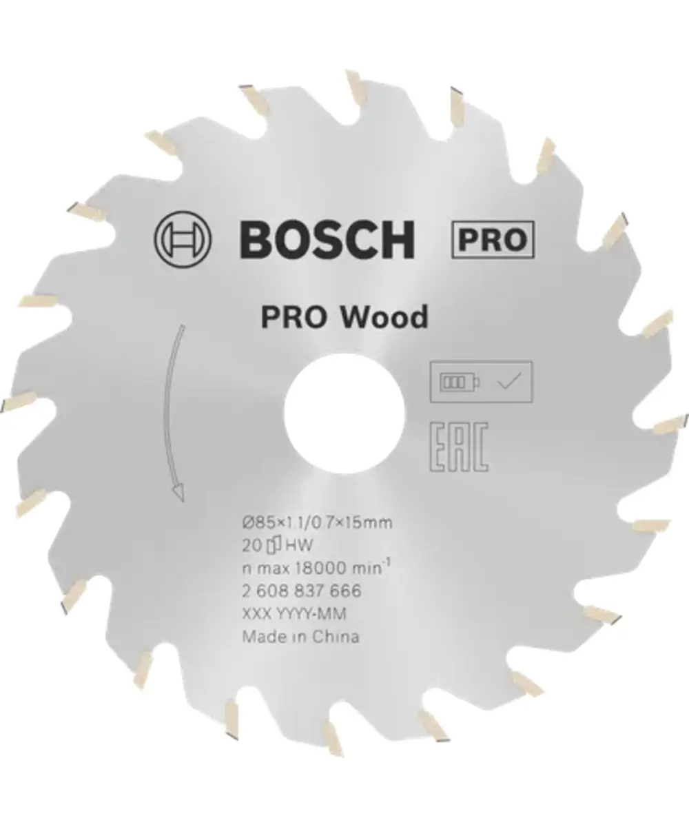 BOSCH list za aku kružnu pilu za drvo PRO Wood Cordless 85-190 mm Bosch PRO cirkular za drvo s oznakama i specifikacijama.