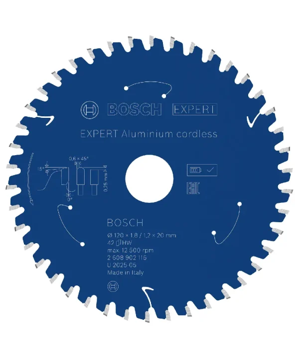 Bosch EXPERT aluminijski list za kružnu pilu, promjera 120-190 mm, za aluminij, s oznakama i dimenzijama na površini.