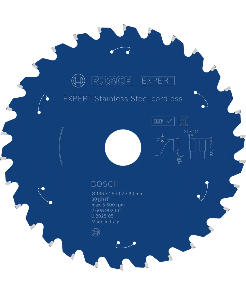 BOSCH list za kružnu pilu za inox EXPERT Stainless Steel Cordless 136-203 mm Bosch EXPERT inox kružna pila disk 136 mm za inox s oznakama i dimenzijama.