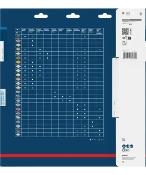 BOSCH list za aluminij EXPERT za potezno-nagibnu pilu, prikazan na plakatnoj kartici s tehničkim podacima.