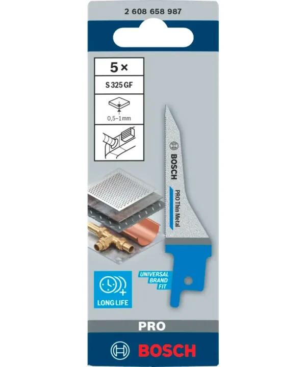 Pakiranje od 5 reznih pila za tanki lim BOSCH S325GF, 85 mm, za precizno rezanje metala.