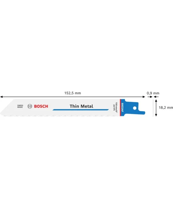Pila za metal Bosch Thin Metal dužine 152,5 mm i prijanjanje 0,9 mm, crno-plava etiketa.