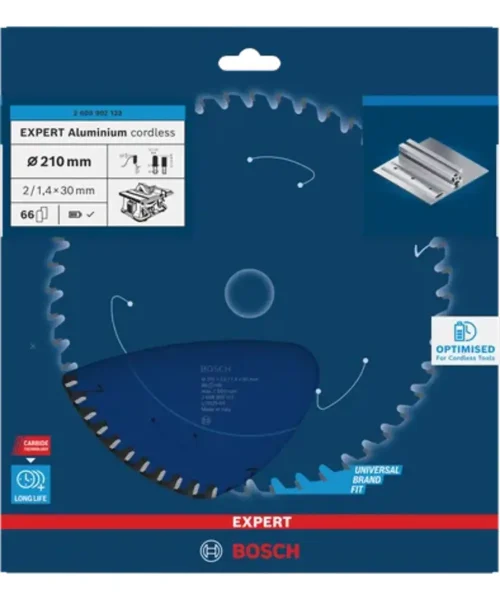 Bosch EXPERT Aluminium list za kružnu pilu, 210 mm, 66 zuba, prikazan u pakiranju.