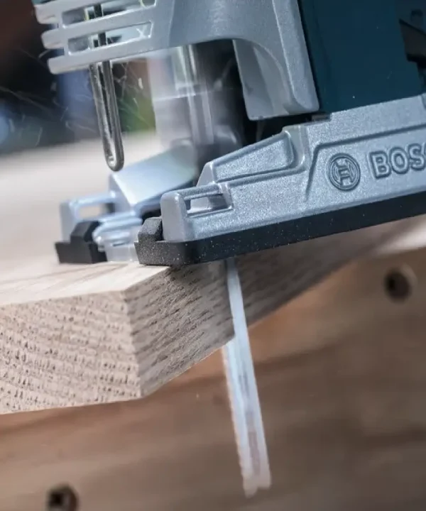 Bosch ubodna pila na drvenoj podlozi s vodilom i sjemenom, fokus na oštricama i muški uređaj.