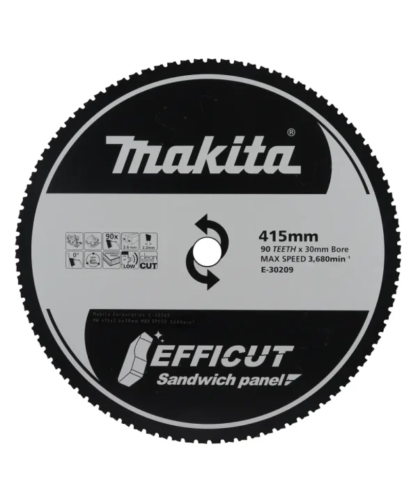 Makita Efficut list za kružnu pilu 415 mm, 90 zubi, prikaz oštrice s oznakama i brandom.